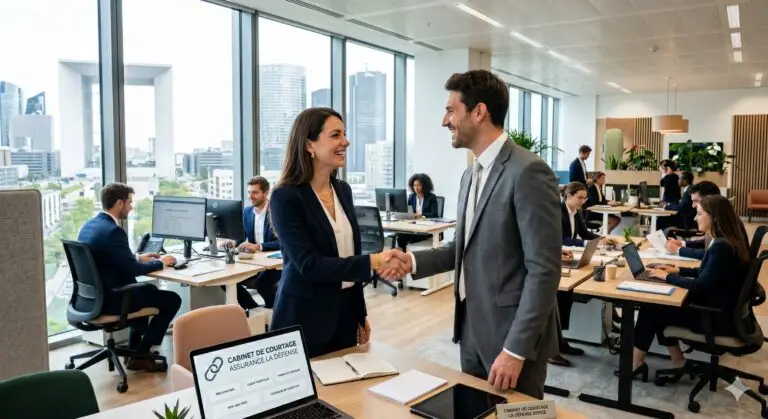 Courtier en assurance souriant serrant la main d'un assureur dans un bureau moderne à La Défense, Paris. Open space avec des professionnels de l'assurance travaillant en arrière-plan.
