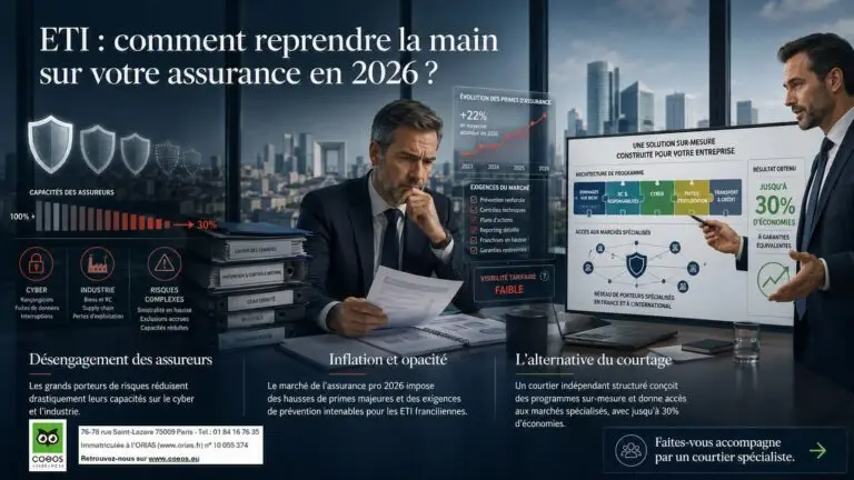 DAF d’une ETI analysant la hausse des primes, la réduction des capacités d’assurance en cyber et industrie, et les solutions sur-mesure proposées par COEOS Assurances.