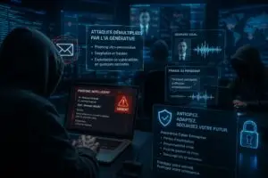 Pirates informatiques utilisant l'intelligence artificielle générative pour lancer des attaques de phishing ciblé, des deepfakes et des fraudes au président contre une ESN, illustrant les nouveaux risques couverts par une assurance cyber entreprise proposée par COEOS Assurances.