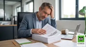 Un chef d’entreprise à Paris relit avec anxiété la pile de documents des conditions générales de son contrat d’assurance multirisque professionnelle pour son ETI, conseillé par Coeos Assurances en Île-de-France.