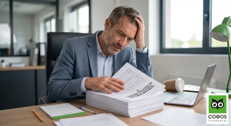 Un chef d’entreprise à Paris relit avec anxiété la pile de documents des conditions générales de son contrat d’assurance multirisque professionnelle pour son ETI, conseillé par Coeos Assurances en Île-de-France.