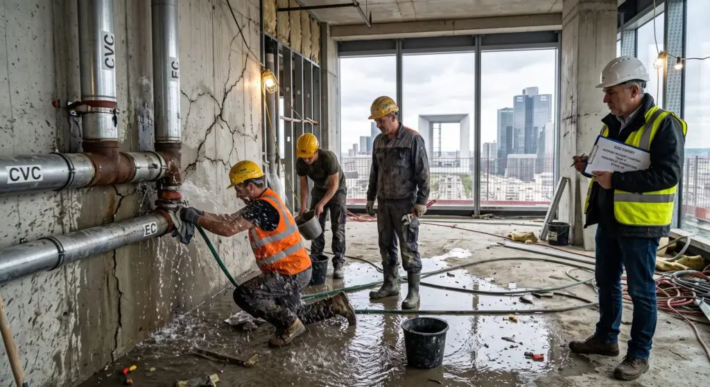 Expertise d'un sinistre de fuite d'eau sur des canalisations CVC lors d'un chantier BTP à La Défense avec assurance décennale