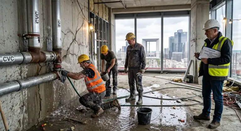 Expertise d'un sinistre de fuite d'eau sur des canalisations CVC lors d'un chantier BTP à La Défense avec assurance décennale