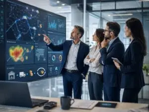 Dirigeants de PME et ETI utilisant l’intelligence artificielle pour analyser les risques, optimiser la logistique et anticiper les incidents