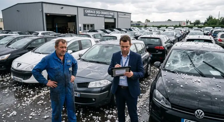 Un expert en assurance examine les dégâts causés par la grêle sur un parc de voitures en présence d'un garagiste couvert par une RC Pro Garage.