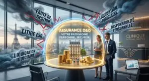 Schéma explicatif de la protection du patrimoine personnel du dirigeant de PME via l'assurance D&O face aux risques de gestion et litiges ESG.