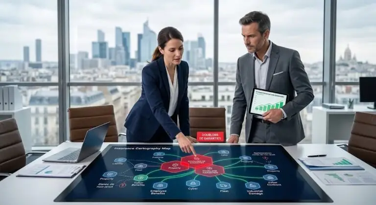 Deux consultants en assurance d'entreprise à Paris analysant une cartographie des risques (Insurance Cartography Map) sur une table tactile interactive. Ils pointent spécifiquement les doublons de garanties entre les contrats Cyber, Flotte et Responsabilité Civile, avec le quartier d'affaires en arrière-plan.