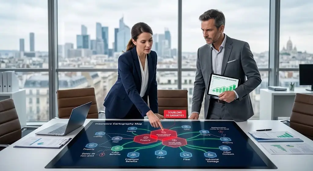 Deux consultants en assurance d'entreprise à Paris analysant une cartographie des risques (Insurance Cartography Map) sur une table tactile interactive. Ils pointent spécifiquement les doublons de garanties entre les contrats Cyber, Flotte et Responsabilité Civile, avec le quartier d'affaires en arrière-plan.