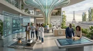 Espace de travail futuriste du centre Collabora à Paris, avec vue sur la Tour Eiffel. Des chercheurs et professionnels analysent des données sur un écran holographique géant affichant "L'avenir de la collaboration innovante" et étudient des prototypes de drones et robots de livraison.