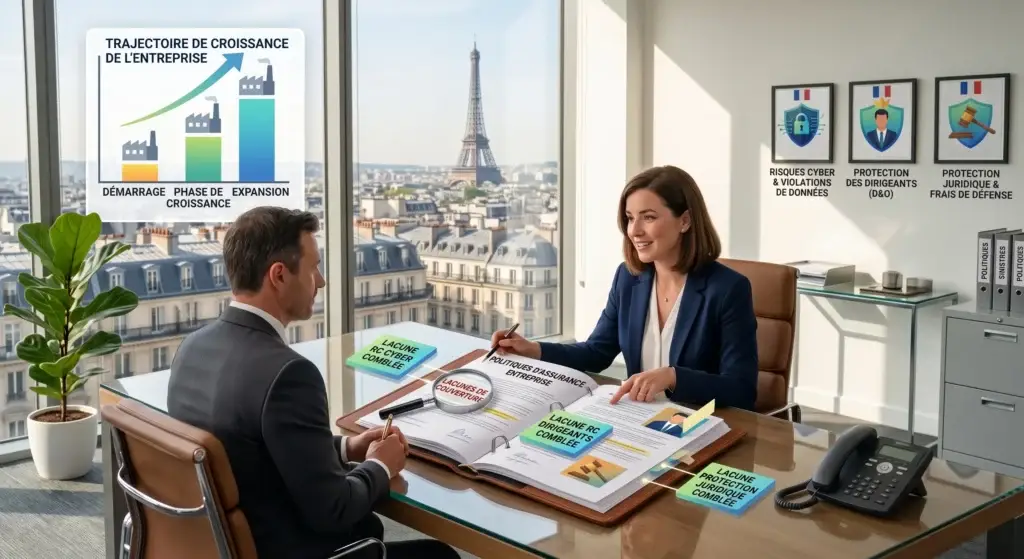 Une experte COEOS Assurances, courtier en assurance entreprise à Paris, conseille un dirigeant de PME/ETI sur l'optimisation de ses contrats (risques cyber, RC dirigeants) dans un bureau face à la Tour Eiffel.