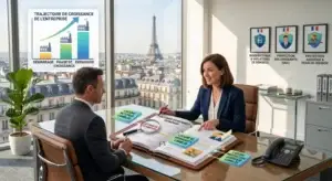 Une experte COEOS Assurances, courtier en assurance entreprise à Paris, conseille un dirigeant de PME/ETI sur l'optimisation de ses contrats (risques cyber, RC dirigeants) dans un bureau face à la Tour Eiffel.