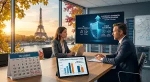 Un courtier et une courtière en assurance à Paris étudiant la réduction des primes, la couverture RC Professionnelle et la Cyber-assurance d'une entreprise. En évidence : le délai de résiliation au 31 octobre sur un calendrier et la Tour Eiffel en arrière-plan.