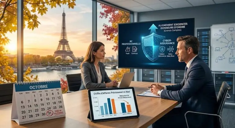 Un courtier et une courtière en assurance à Paris étudiant la réduction des primes, la couverture RC Professionnelle et la Cyber-assurance d'une entreprise. En évidence : le délai de résiliation au 31 octobre sur un calendrier et la Tour Eiffel en arrière-plan.