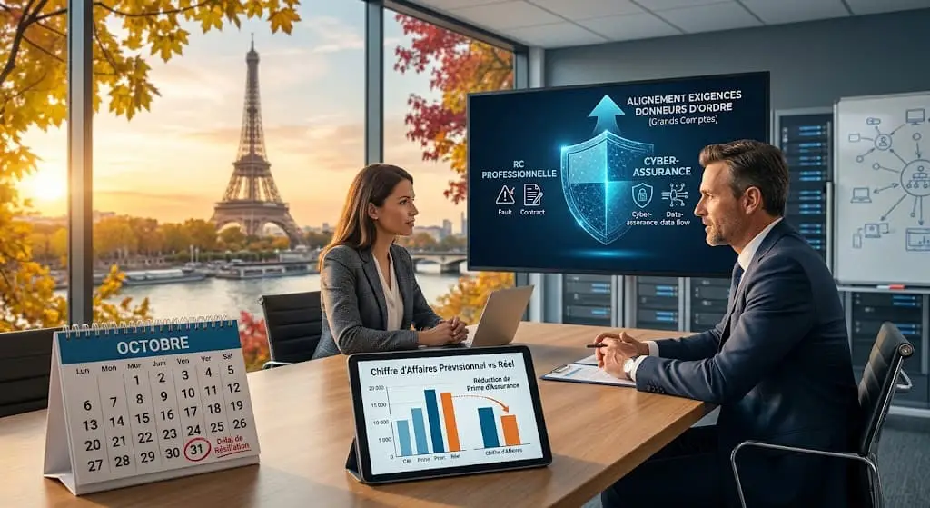 Un courtier et une courtière en assurance à Paris étudiant la réduction des primes, la couverture RC Professionnelle et la Cyber-assurance d'une entreprise. En évidence : le délai de résiliation au 31 octobre sur un calendrier et la Tour Eiffel en arrière-plan.