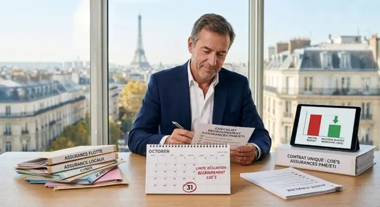 Un courtier en assurance analysant une checklist de regroupement d'assurances pour PME/ETI dans un bureau à Paris, avec la Tour Eiffel en arrière-plan. Le bureau présente des dossiers d'assurances (flotte, locaux, cyber, RC Pro), un calendrier indiquant la date limite de résiliation au 31 octobre, et un écran affichant 30% d'économies grâce au contrat unique Coeos.